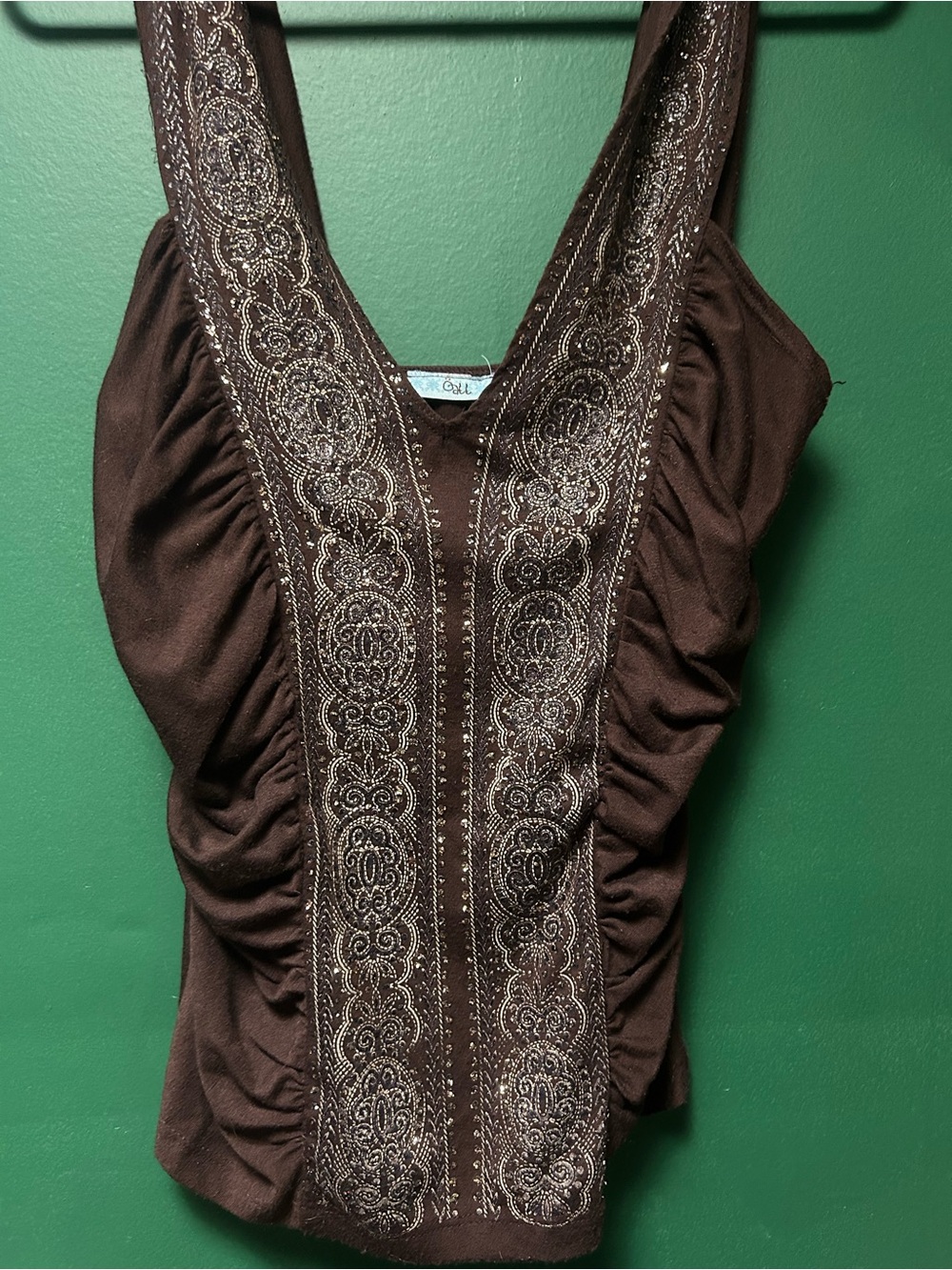 Embroidered Brown Sleeveless V-Neck Women's Top